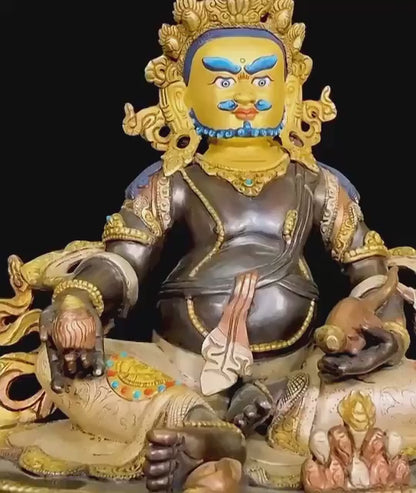 Nepalese Yellow Jambhala Statue, Copper Gold Silver Plated Wealth God Statue, Handmade Tibetan Buddhist Shrine Altar Home Decor