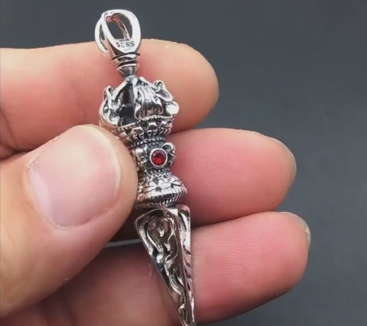 Load video: Handmade Silver Phurba Silver  Vajra Dagger Pendant Tibetan Protection Amulet Necklace Dispels negative energy Pure Brass Amulet