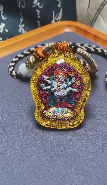 Load video: Handpainted White Mahakala Tsa Tsa, Six-Armed Avalokiteshvara Amulet, Tibetan Medicine Clay Pendant, Buddhist Wealth Protector Jewelry