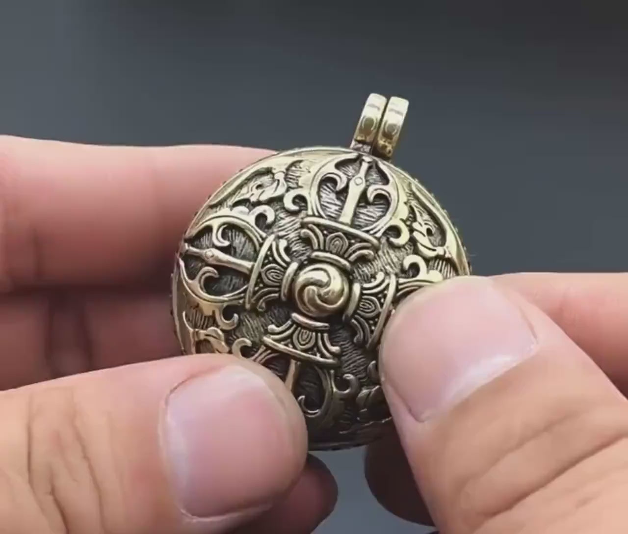 Load video: Handmade Tibetan Brass Ghau Necklace: Buddhist Amulet Locket