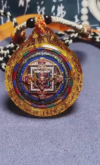 Handpainted Kalachakra Mandala Tibetan Tsatsa Pendant, Mineral Pigment Thangka Necklace, Medicinal Clay Buddhist Amulet,Spiritual Protection