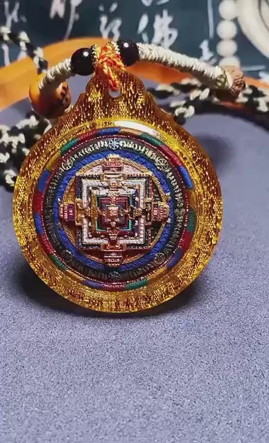 Handpainted Kalachakra Mandala Tibetan Tsatsa Pendant, Mineral Pigment Thangka Necklace, Medicinal Clay Buddhist Amulet,Spiritual Protection