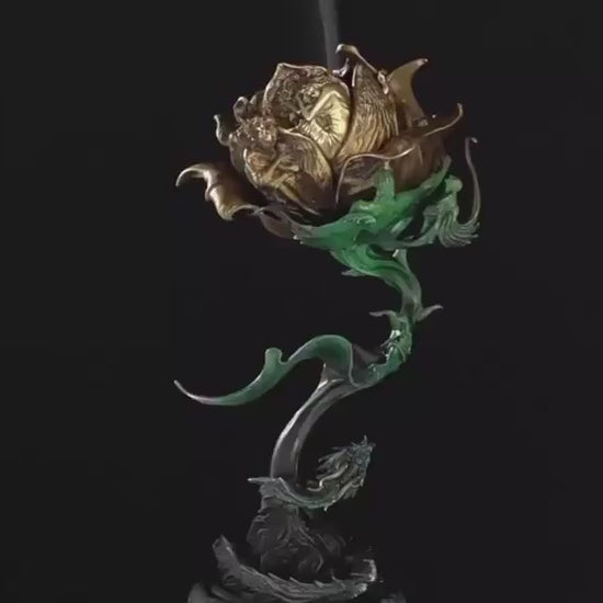 Antique Bronze & 925 Sterling Silver Rose Incense Burner, Luxury Rose Sculpture Home Decor, Aesthetic Incense Cone Holder, Gift for Her