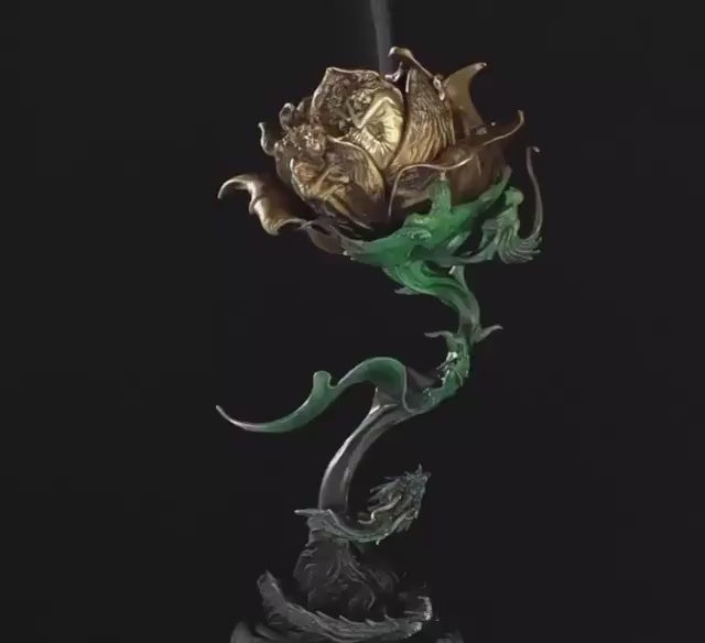 Load video: Antique Bronze &amp; 925 Sterling Silver Rose Incense Burner, Luxury Rose Sculpture Home Decor, Aesthetic Incense Cone Holder, Gift for Her