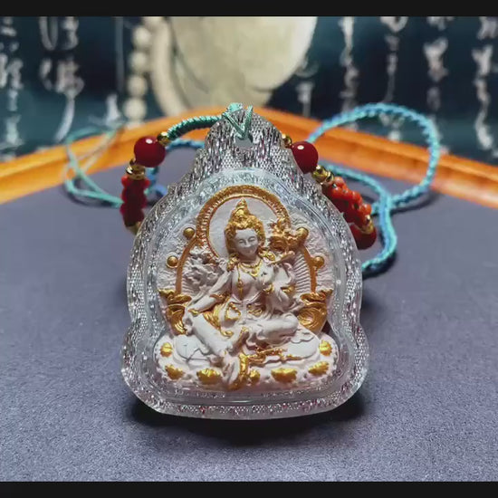 Green Tara Tibetan Tsa Tsa Pendant, Hand-Painted Incense Ash Amulet, Buddhist Spiritual Necklace, Thangka Style Jewelry, Protection Gift