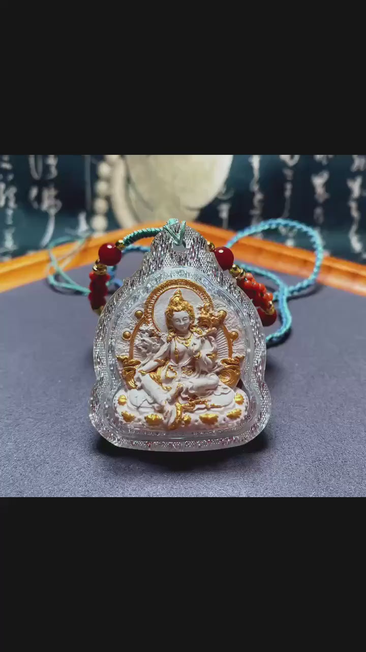 Green Tara Tibetan Tsa Tsa Pendant, Hand-Painted Incense Ash Amulet, Buddhist Spiritual Necklace, Thangka Style Jewelry, Protection Gift