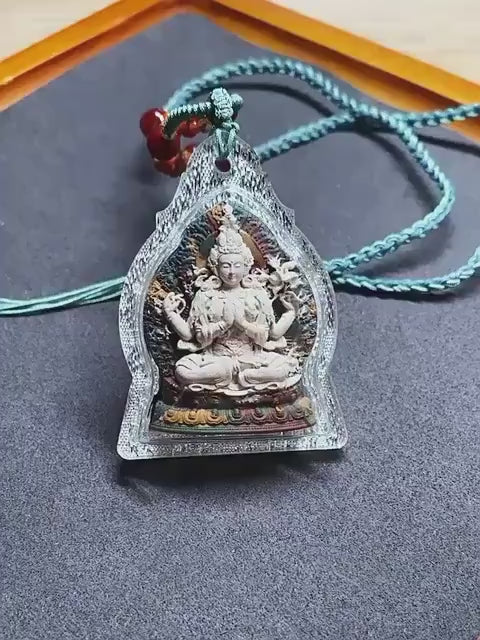 Four-Arm Guanyin Multi-Color Tsa Tsa Pendant Tibetan Gauri Box Necklace Buddhist Amulet Thangka Art Jewelry Spiritual Gift for Protection