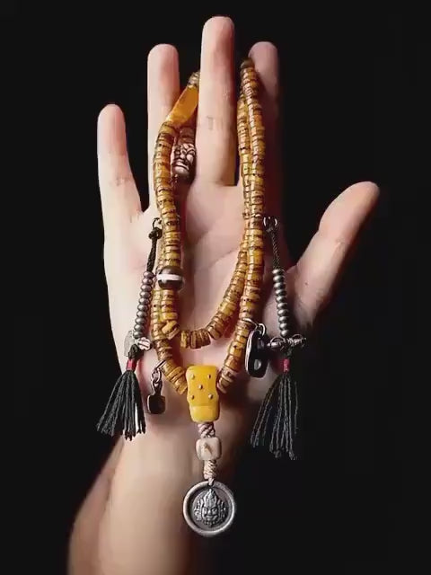 Original Tibetan Yak Bone Prayer Beads, Old Material 108 Mala Beads, Handmade Distressed Buddha Bracelet, Meditation Rosary, Ethnic Jewelry