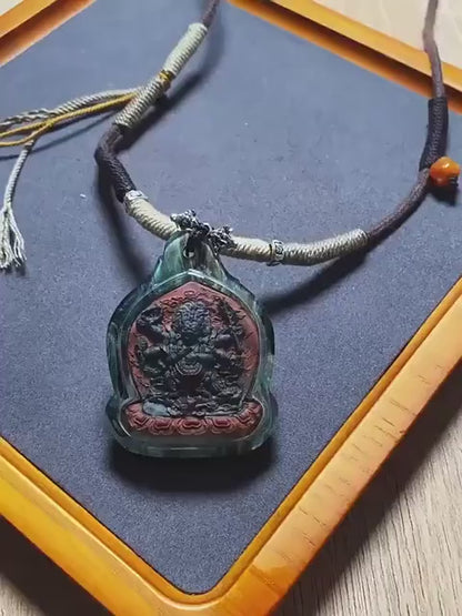 Tibetan Mahakala Tsa-Tsa Pendant, Hand-Painted 6-Arm Daheitian Buddhist Amulet, Gau Box Necklace with Amrita & Five-Color Grains, Zen Gift