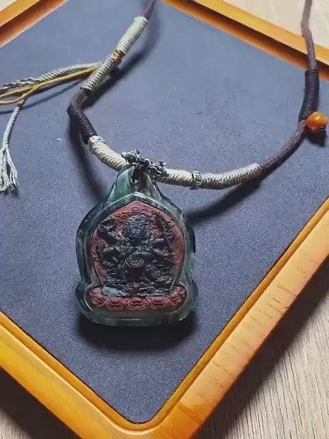 Load video: Tibetan Mahakala Tsa-Tsa Pendant, Hand-Painted 6-Arm Daheitian Buddhist Amulet, Gau Box Necklace with Amrita &amp; Five-Color Grains, Zen Gift