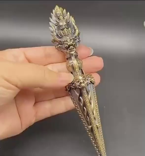Load video: 9” Phurba Vajra Dagger Vintage Handmade Nepal Tibetan Pure Brass Amulet