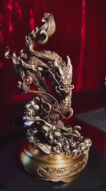 Brass Dragon Loong Statue, Tibetan Handcrafted Copper Good Fortune Protection Figurine, Office Home Decor Unique Gift Desk Decor