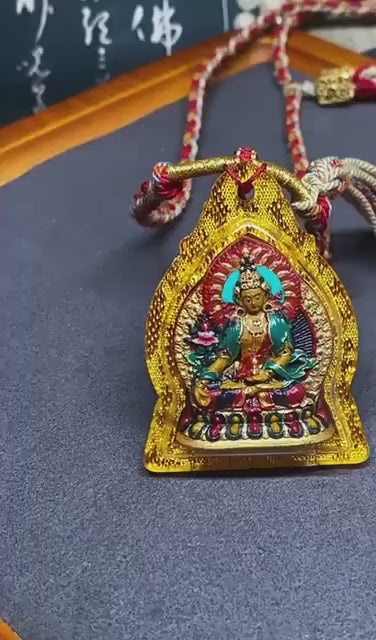 Load video: Handpainted Ksitigarbha Tsa Tsa, Tibetan Bodhisattva Sacred Medicine Clay Amulet, Mineral Pigment Gau Box Pendant, Miniature Thangka Gift