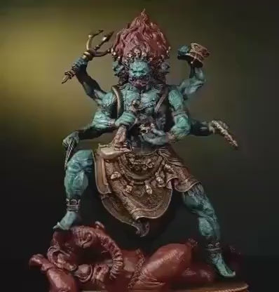 Load video: Brass Six Armed Mahakala Statue 25cm, Handcrafted Tibetan Buddhist Three Headed Wrathful Deity, Vajrayana Altar Decor Gift