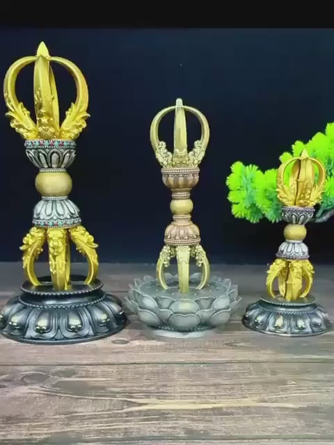 Load video: Tibetan Pure Brass 5-Prong &amp; 9-Prong Vajra Dorje Handpiece, Buddhist Ritual Artifact, Handcrafted Spiritual Protection Decor
