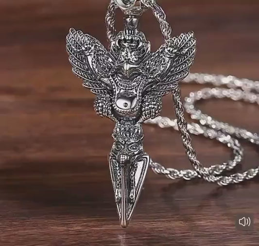 925 Sterling Silver Garuda Vajra Pendant • Tibetan Protective Amulet Necklace • Vintage Punk Style Jewelry • Silver Dorje