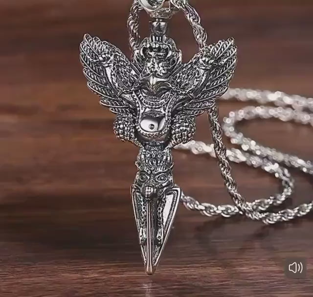 Load video: 925 Sterling Silver Garuda Vajra Pendant • Tibetan Protective Amulet Necklace • Vintage Punk Style Jewelry • Silver Dorje