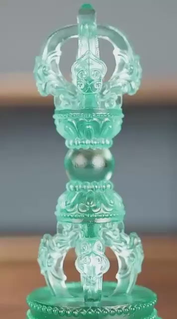 Load video: Liuli Vajra Pestle with Lotus Base, Chinese Buddhist Altar Decor, Colored Glaze Dorje Phurba, Feng Shui Meditation Ornament