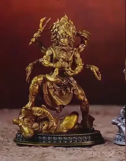 Brass Six Armed Mahakala Statue 10cm, Mini Tibetan Buddhist Three Headed Wrathful Deity, Portable Vajrayana Shrine Decor Gift