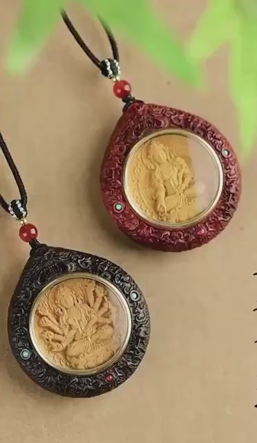 Load video: Rosewood Bodhisattva Pendant Necklace, Inlaid Boxwood Guardian Amulet, Red Agate Chinese Zodiac Protection Mascot, Spiritual Gift