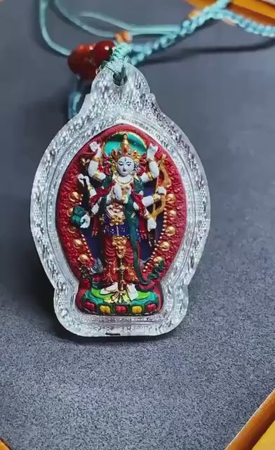 Load video: Handpainted Marici Thangka Pendant, Mineral Pigment Tibetan Gau Box Amulet, Sacred Buddhist Talisman, Unique Spiritual Gift for Him Her