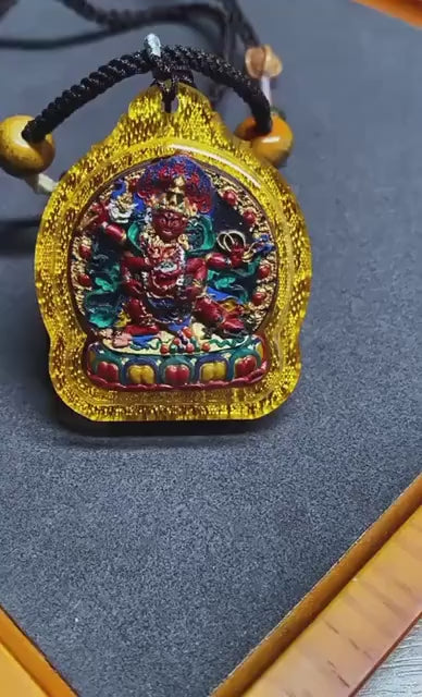 Handpainted Red Jambhala Tsa Tsa, Tibetan Wealth Deity Clay Amulet, Mineral Pigment Gau Box Pendant, Miniature Thangka Gift