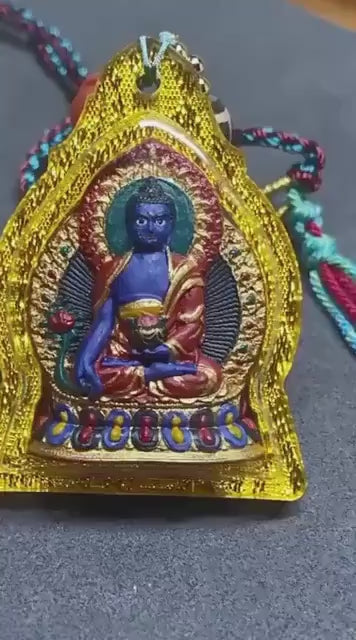 Hand-Painted Medicine Buddha Tsatsa Pendant, Mineral Pigment Tibetan Amulet, Spiritual Healing Talisman Necklace, Miniature Thangka Art Gift