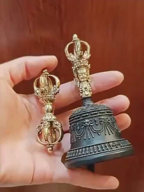 Portable Five  Nine Spoke Vajra Bell Set, Hand-Cast Brass Ghanta & Dorje for Meditation, Tibetan Buddhist Ritual Set, Altarpiece Gift
