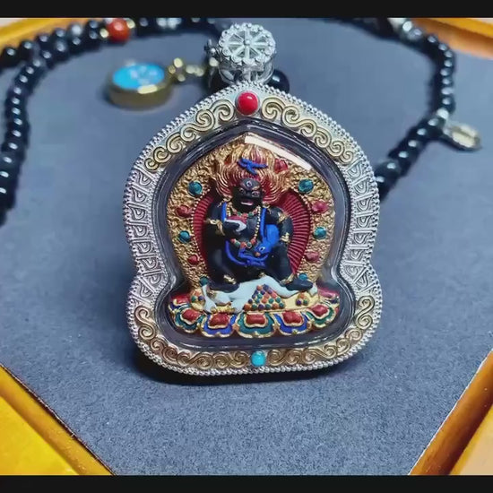 Hand-painted Black Jambhala Medicine Tsatsa Pendant, Sterling Silver Gau Box Necklace, Tibetan Buddhist Mineral Pigment Art