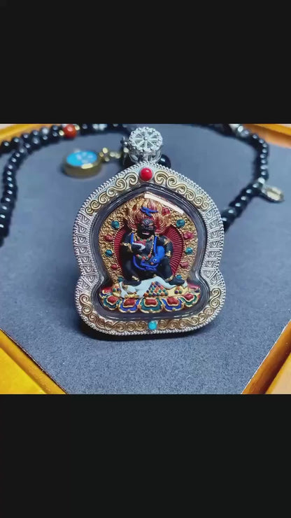 Hand-painted Black Jambhala Medicine Tsatsa Pendant, Sterling Silver Gau Box Necklace, Tibetan Buddhist Mineral Pigment Art