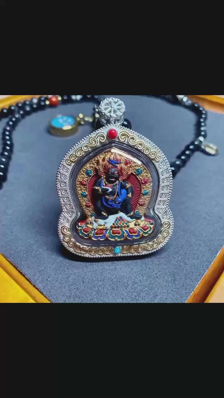 Hand-painted Black Jambhala Medicine Tsatsa Pendant, Sterling Silver Gau Box Necklace, Tibetan Buddhist Mineral Pigment Art