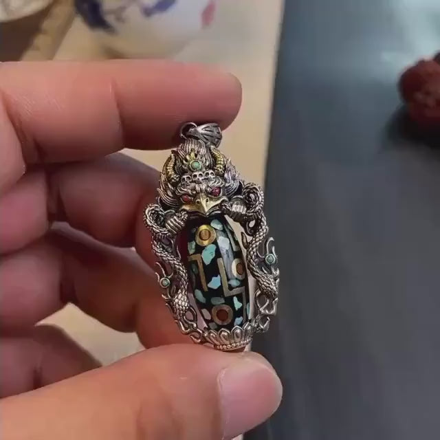 Load video: Handcrafted 925 Sterling Silver Garuda Eagle Pendant, Vintage Brass Inlay Dzi Bead Spinning Necklace Charm, Ethnic Jewelry Gift