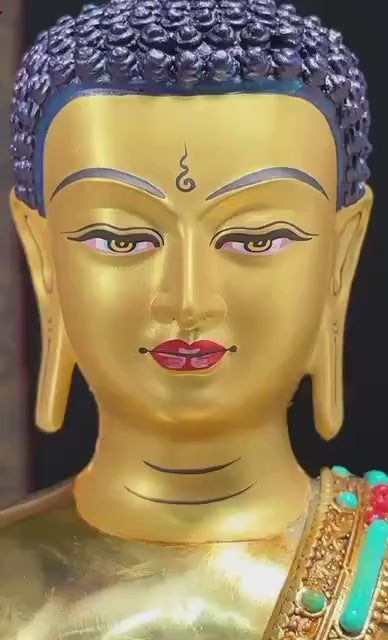 Load video: Full Gold-Plated Shakyamuni Buddha Statue with Tibetan Bead Inlays | Handmade Copper Buddhist Statue