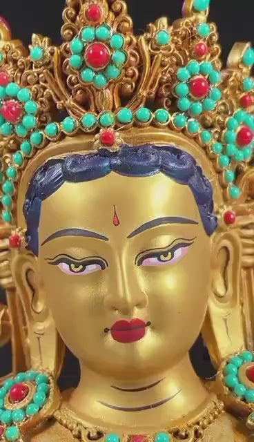 Full Gilded Green Tara Statue | Copper Buddhist Deity with Gem Inlay