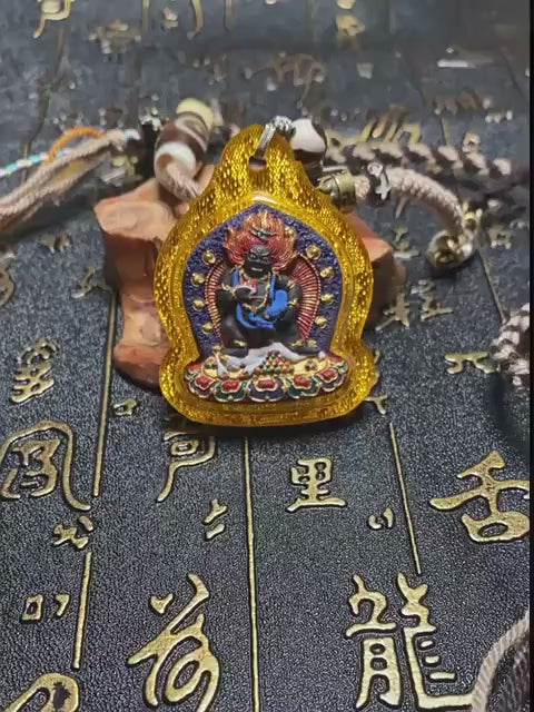 Load video: Hand-Painted Black Jambhala Tibetan Tsa Tsa Pendant, Mineral Pigment Buddhist Necklace, Spiritual Amulet for Wealth &amp; Protection, Zen Gift