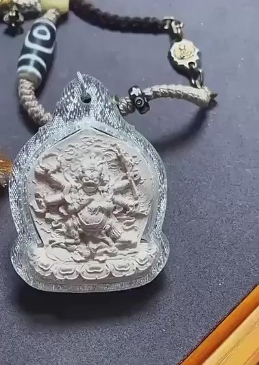 Six Armed Mahakala Thangka Pendant, Tibetan Medicine Clay Tsa Tsa Necklace, Buddhist Amulet Gau Box, Six-Arm Daheitian Talisman Jewelry