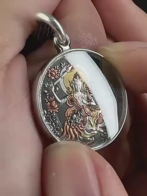 Meteoric Iron Manjushri Thangka Pendant, Intricate Iron Gilt Gold Damascene Necklace, Tibetan Buddhist Heritage Art, Wisdom Amulet Talisman