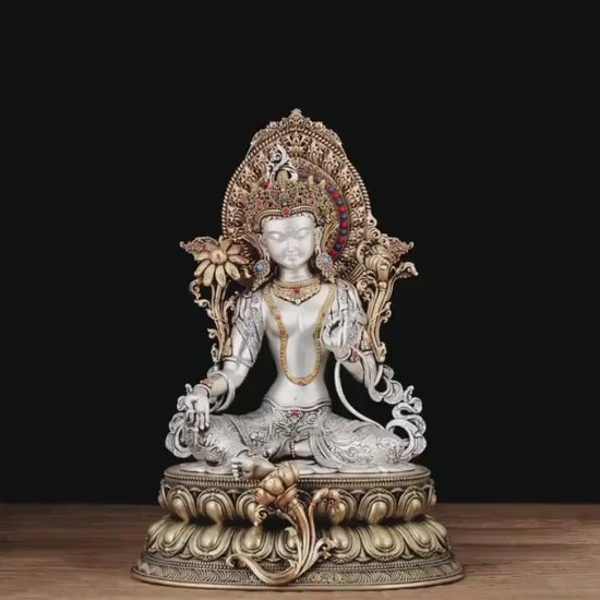 Nepali Green Tara Statue, Silver Plated Gold Gilded Copper Bodhisattva, Tibetan Buddhist Home Altar Decor, White Tara Blessing Sculpture