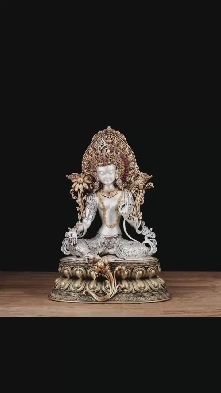 Nepali Green Tara Statue, Silver Plated Gold Gilded Copper Bodhisattva, Tibetan Buddhist Home Altar Decor, White Tara Blessing Sculpture