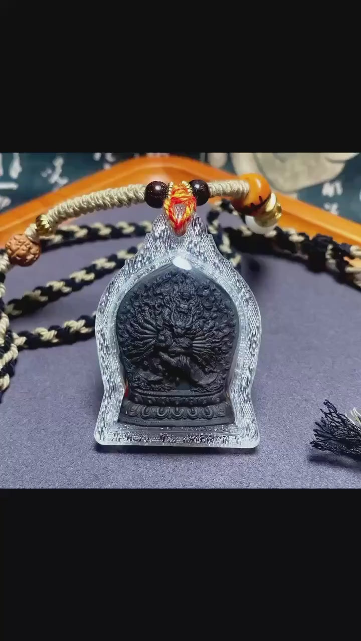Load video: Yamantaka Vajrabhairava Tsa Tsa Pendant, Tibetan Buddhist Clay Statue Necklace, Handmade Vajra Gau Box Amulet, Himalayan Meditation Jewelry