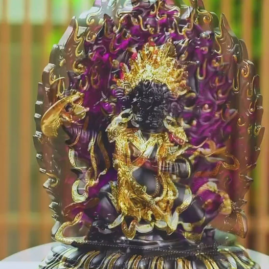 Ancient Glass Two-Armed Mahakala Dharma Protector, Traditional Liuli Art, Home Altar Sacred Décor