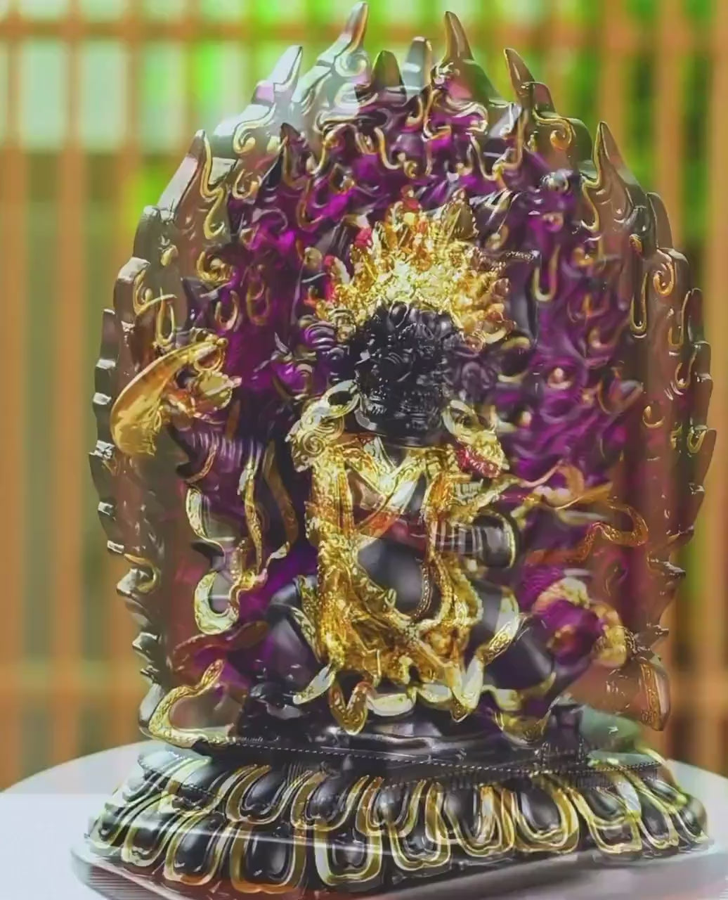 Load video: Ancient Glass Two-Armed Mahakala Dharma Protector, Traditional Liuli Art, Home Altar Sacred Décor