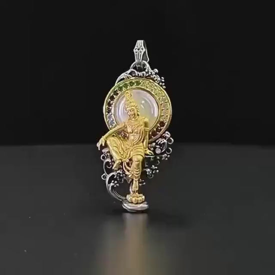 Water Moon Guanyin Pendant S925 Sterling Silver 24K Gold Plated Vintage Buddhist Necklace Handcrafted Gemstone Bodhisattva Jewelry