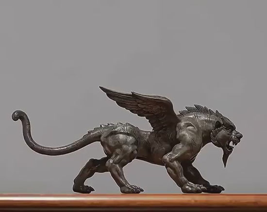 Vintage Bronze Winged Tiger Statue, Bi'an Mythical Beast Figurine, Feng Shui Tiger with WingsSculpture, Home Office Decor, Wealth Power Gift