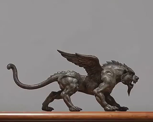 Vintage Bronze Winged Tiger Statue, Bi'an Mythical Beast Figurine, Feng Shui Tiger with WingsSculpture, Home Office Decor, Wealth Power Gift