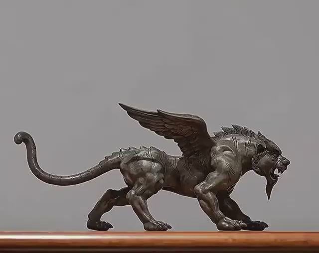 Vintage Bronze Winged Tiger Statue, Bi'an Mythical Beast Figurine, Feng Shui Tiger with WingsSculpture, Home Office Decor, Wealth Power Gift