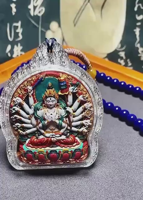 Load video: Hand-Painted Cundi Bodhisattva Tsatsa Pendant, Mineral Painted Tibetan Amulet, Eighteen-Armed Mother of Buddhas Gau Box Necklace