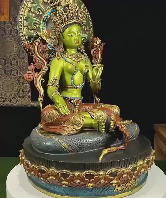 Handpainted Green Tara Copper Statue 17.3", Nepalese Brass Goddess Figurine, Tibetan Buddhist Altar Statue, Home Decor Gift